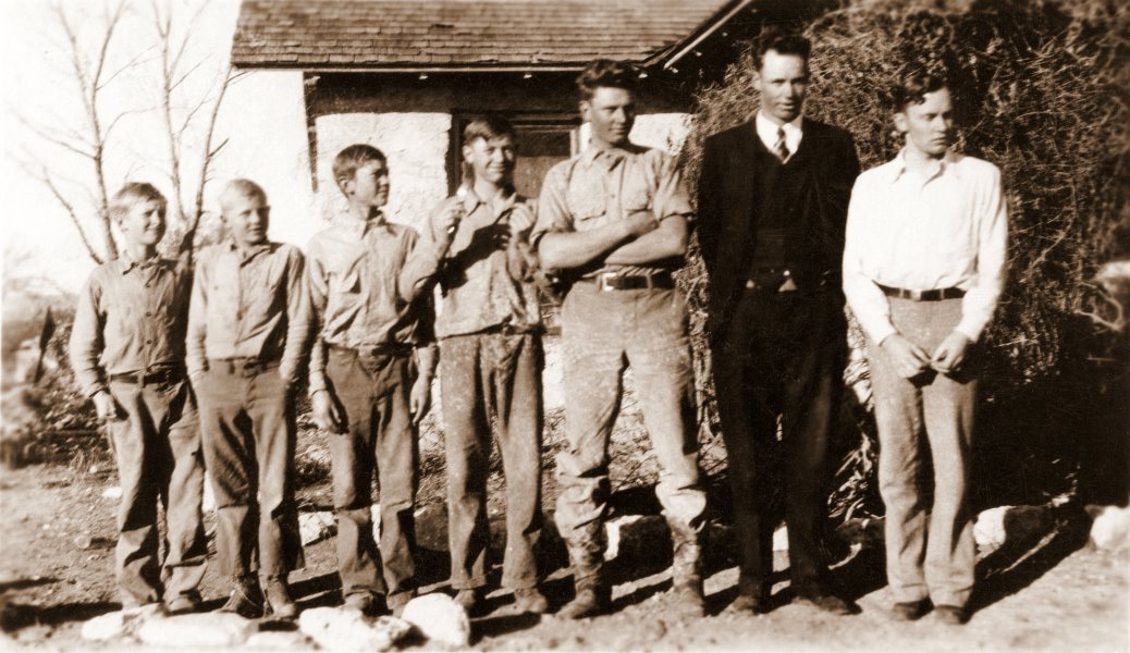 1930 The seven youngest Fuchs brothers in front of the big house at the Ranch